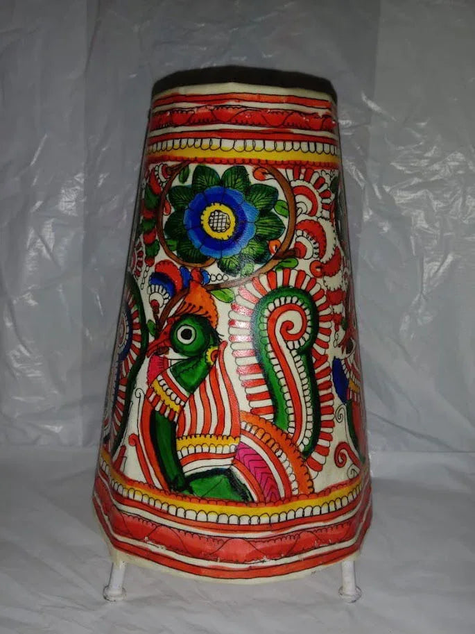 Handmade Leather Lamp Shade Peacock Design Painting Red with Green Color 8 Inches - ArtyCraftz.com