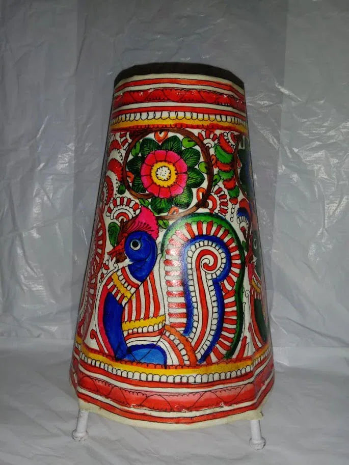 Handmade Leather Lamp Shade Peacock Design Painting Red with White Color 8 Inches - ArtyCraftz.com