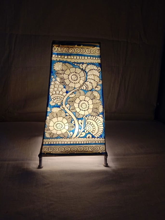Handmade Leather Lamp Shade White with Blue Color - ArtyCraftz.com