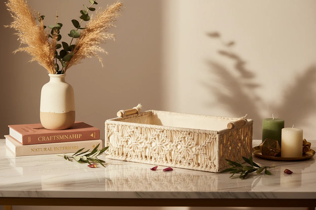 Handmade Macrame Storage Basket with Fabric Lining-ArtyCraftz.com
