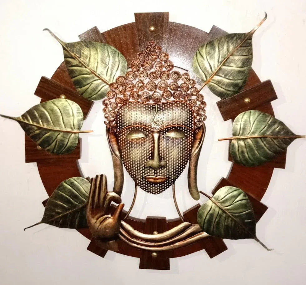 Handmade Metal Buddha Leaf Sool and Wooden Circul for Home Decor and Gifting 24*24 Inches - ArtyCraftz.com