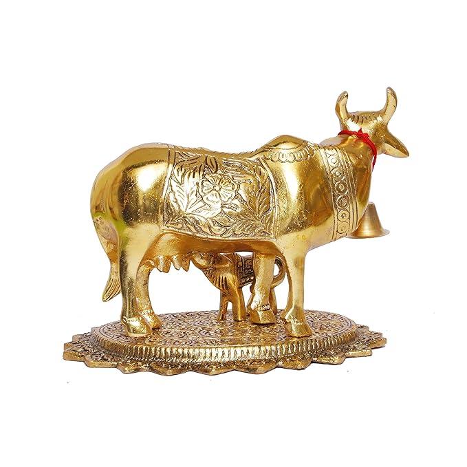 Handmade Metal Kamdhenu Cow, Calf And Krishna Figurine, Standard, Golden Color