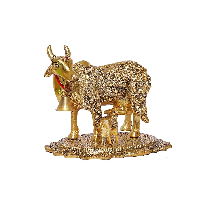 Handmade Metal Kamdhenu Cow, Calf And Krishna Figurine, Standard, Golden Color