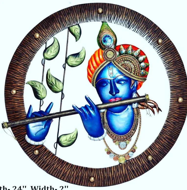 Handmade Metal New Krishna Flute and Wooden Circul for Home Decor and Gifting 24*24 Inches - ArtyCraftz.com