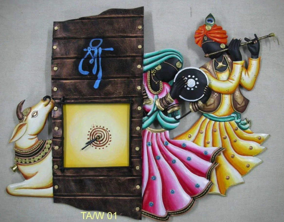 Handmade Metal Radha Krishna Cow Clock Wall Hanging for Home Decor and Gifting 24*18 Inches - ArtyCraftz.com