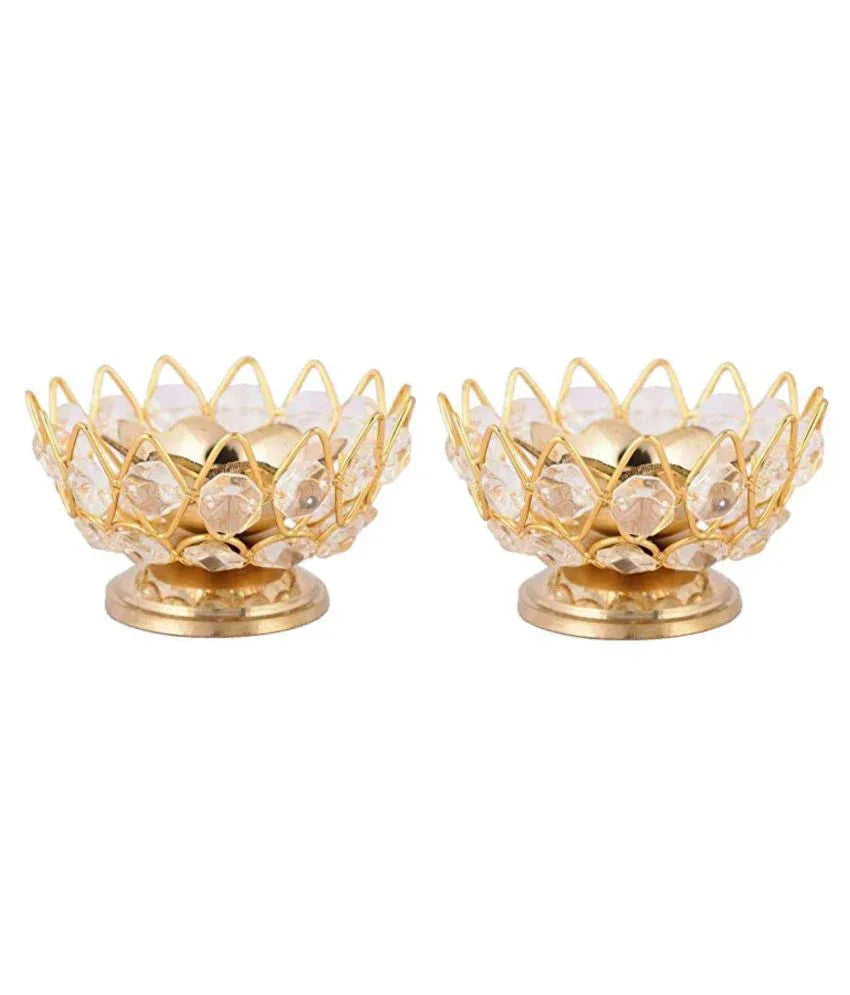 Handmade Metal T-Light Holder Crystal Table Lotus Electro Gold Color Set of 2 - ArtyCraftz.com