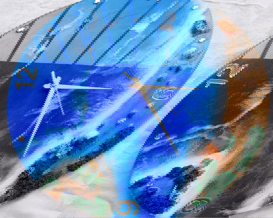 Handmade Resin Ocean Theme with Brown Sand and shells, Golden numbers and Golden Hands 12 Inches - ArtyCraftz.com