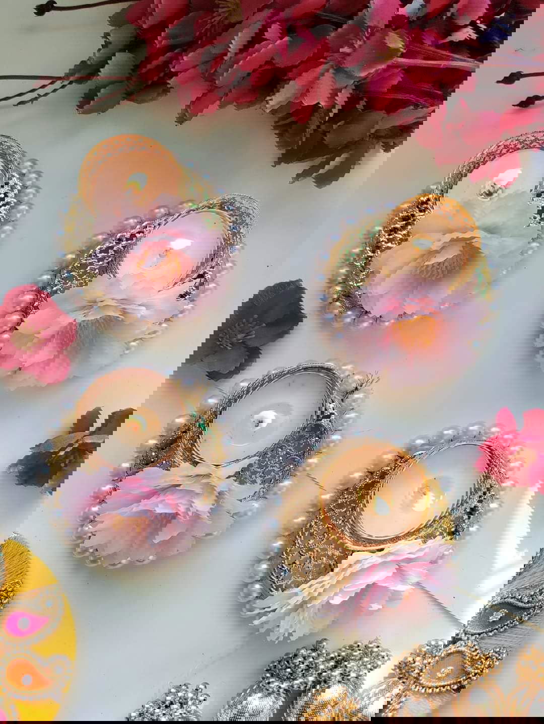 Handmade Reusable Sunflower Rangoli Floor Tealight Candle Holder Decoration for Puja, Pooja, Festival Decor (4 pcs) - ArtyCraftz.com