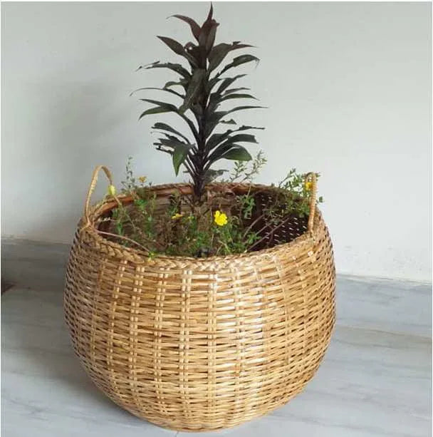 Handmade Round Cane Planter With Handle - ArtyCraftz.com