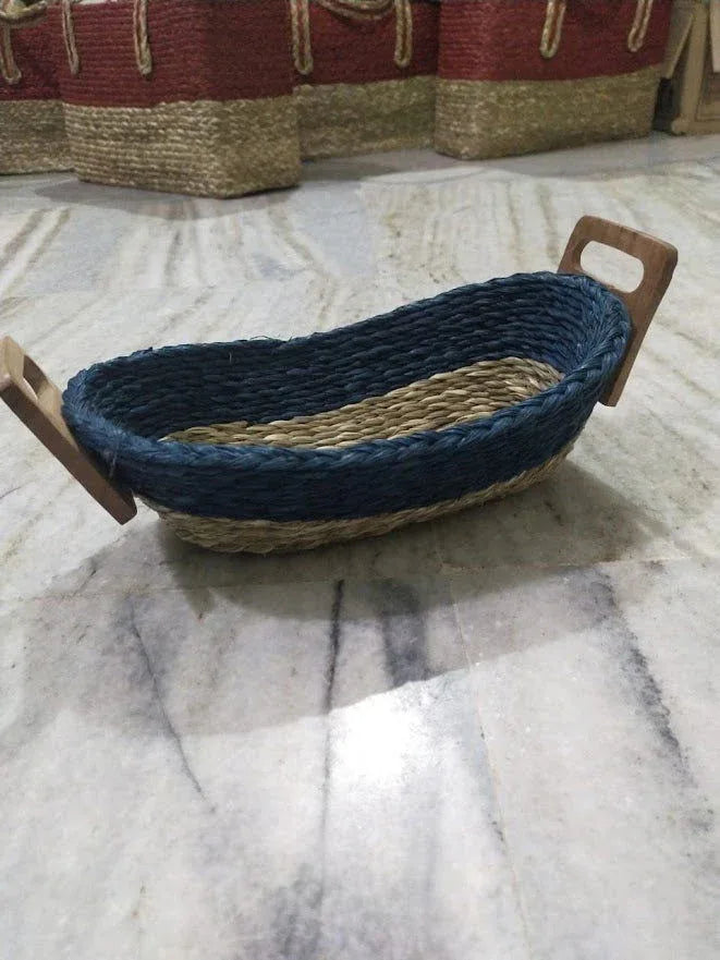 Handmade Sabai Bread Basket with wood Bi colour 10 x 6 x 3 - ArtyCraftz.com