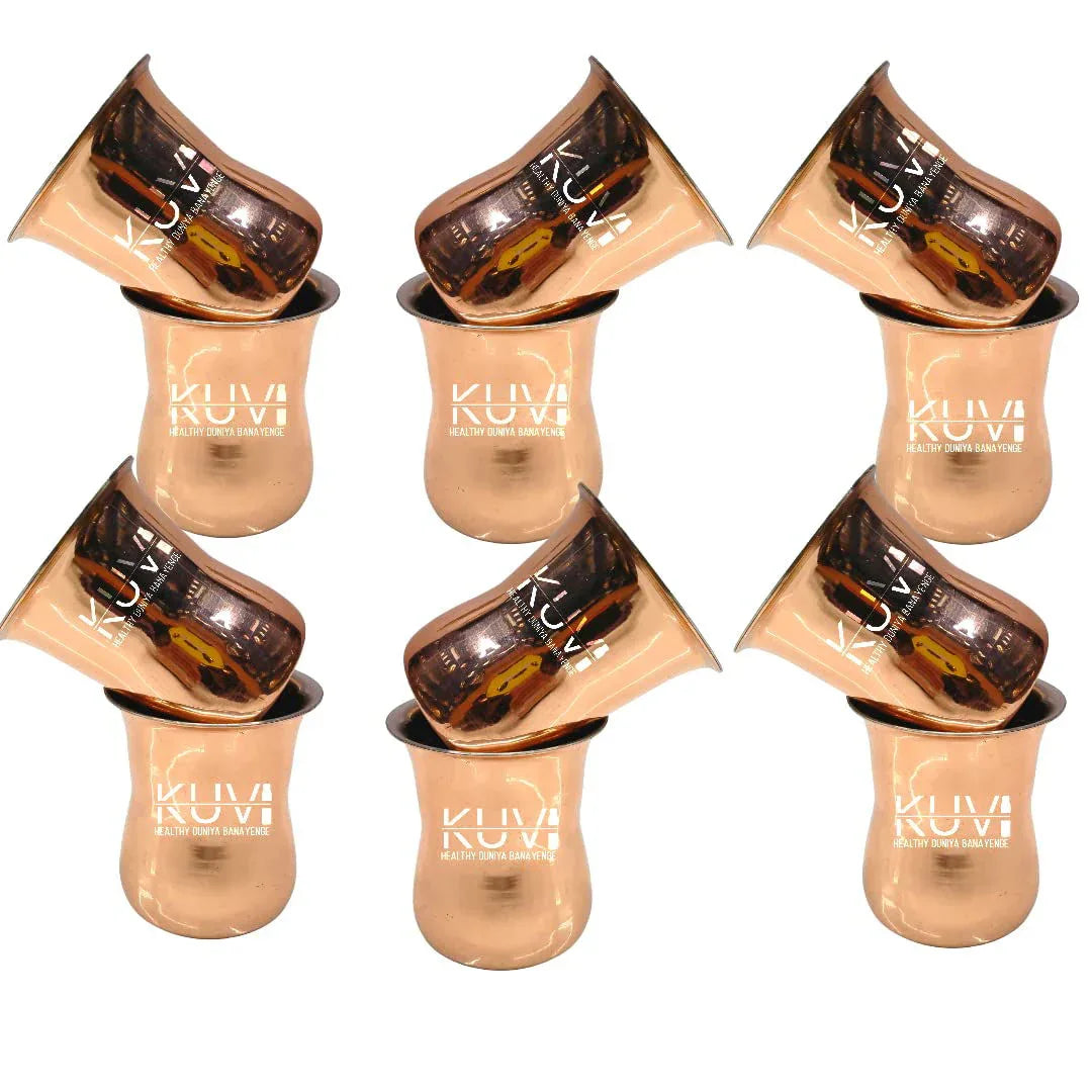 Handmade Set of 12 Pure Steel Copper Matt, Glass Curved Shape (200 ml Each) - ArtyCraftz.com