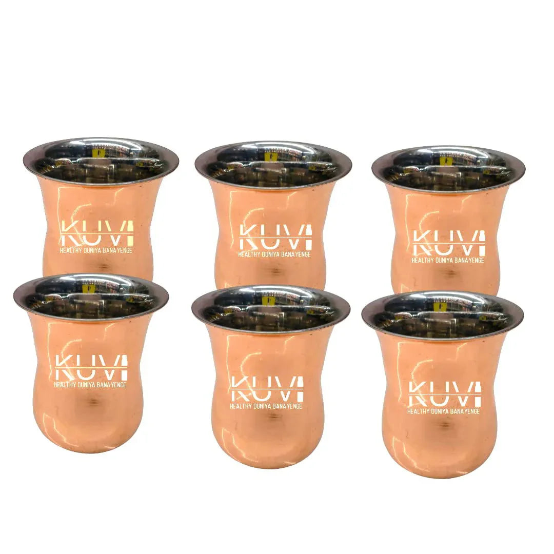 Handmade Set of 6 Pure Steel Copper Matt, Glass Curved Shape (200 ml Each) - ArtyCraftz.com