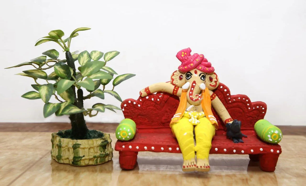 Handmade Terracotta Ganesh with mooshika with Red sofa Idols for Gifting - ArtyCraftz.com