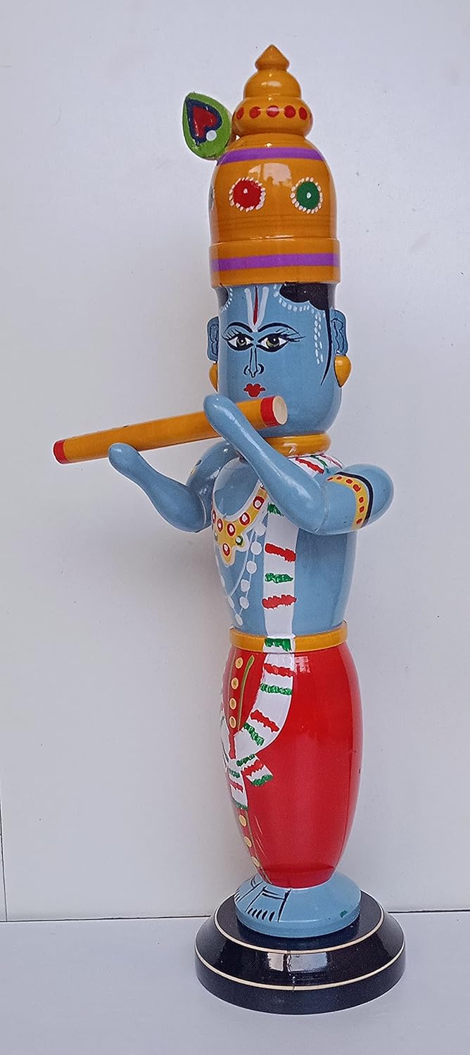 Handmade Wooden Etikoppaka Standing Sri Krishna Idol-ArtyCraftz