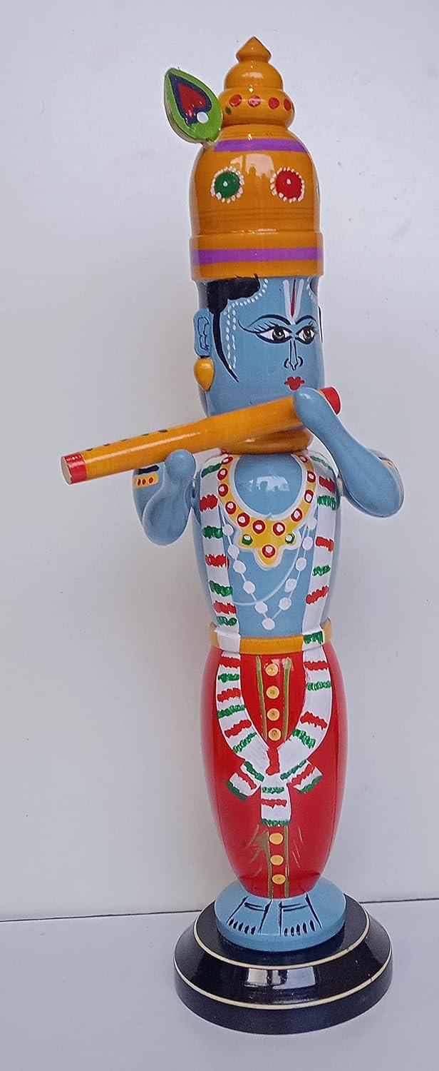 Handmade Wooden Etikoppaka Standing Sri Krishna Idol-ArtyCraftz