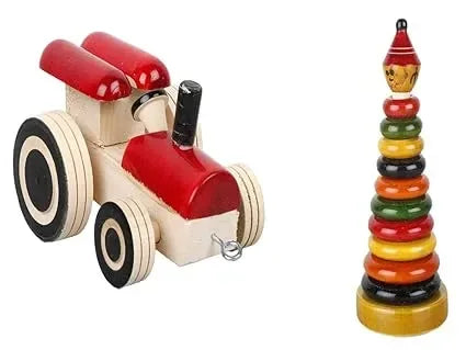 Handmade Wooden Ring Cat Big and Tractor Toy for Kids Pack of 2 - ArtyCraftz.com