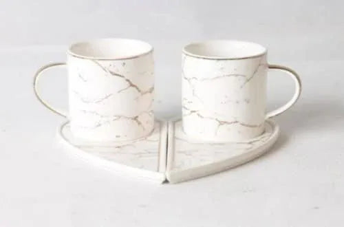 Heart Shaped Premium Metallic Marble Design Aesthetic Cup Mug & Saucer Tray Set with Gold Inlay for Home & Office | 2 Cups & 2 Saucers | (White) - ArtyCraftz.com