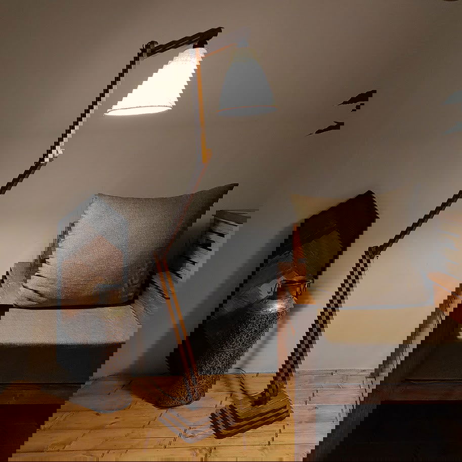 Hydra Wooden Floor Lamp with Brown Base and Jute Fabric Lampshade - ArtyCraftz.com