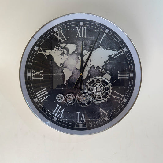 Vintage World Map Wall Clock with Moving Gears