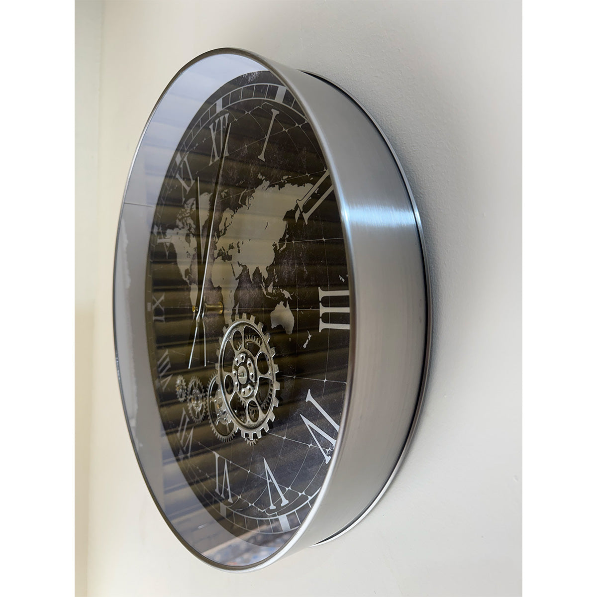 Vintage World Map Wall Clock with Moving Gears