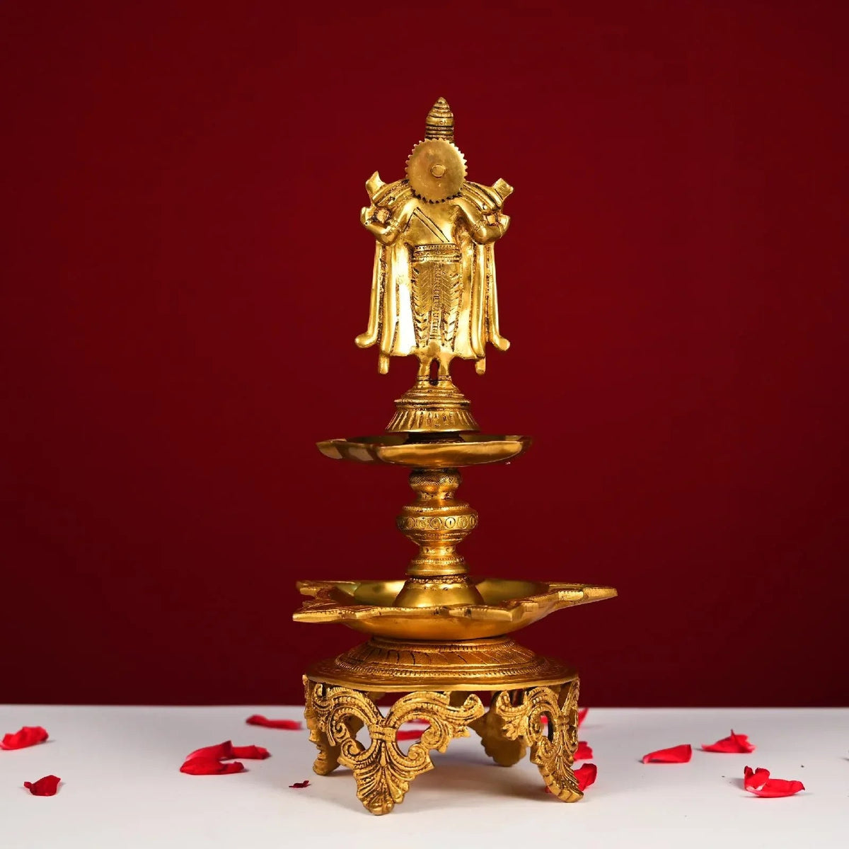 Brass Diya With Tirupati Balaji Height 15 Inch In White Background and Back View