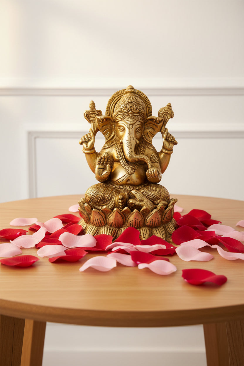 BHandcrafted Brass Ganesha Idol on Lotus Base - ArtyCraftz.com