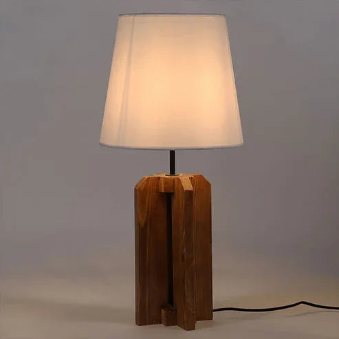 Stella Brown Wooden Table Lamp with White Fabric Lampshade in Light Background