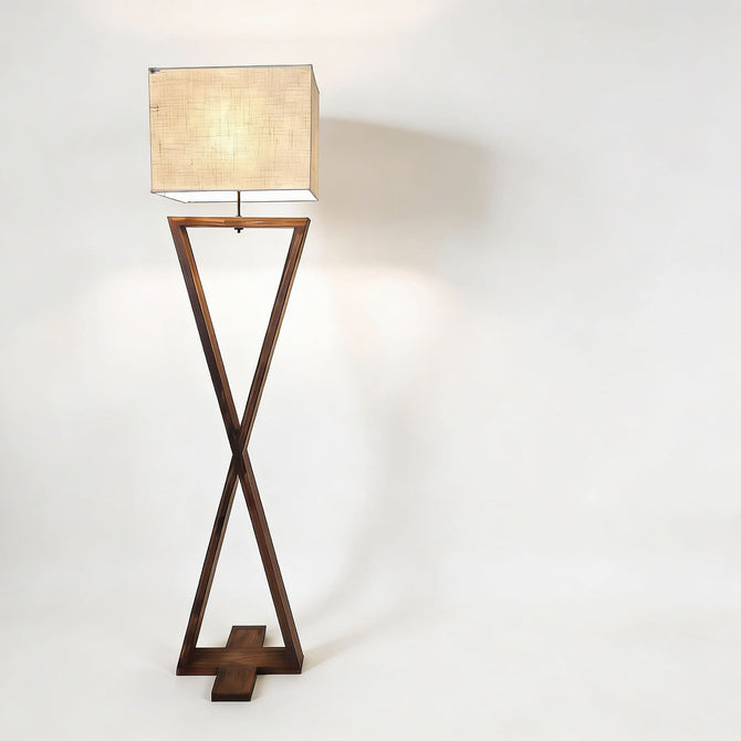 Geometric X-Frame Wooden Floor Lamp with Square Jute Shade-artycraftz.com