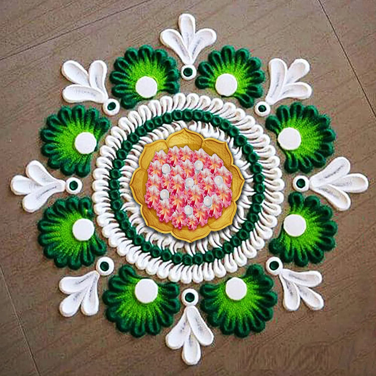 Iron Lotus Shaped Urli Bowl Placed in center with rangoli decoration
