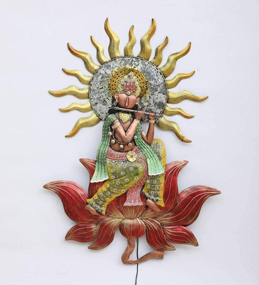 Iron Krishna on Lotus with LED Wall Art-ArtyCraftz.com
