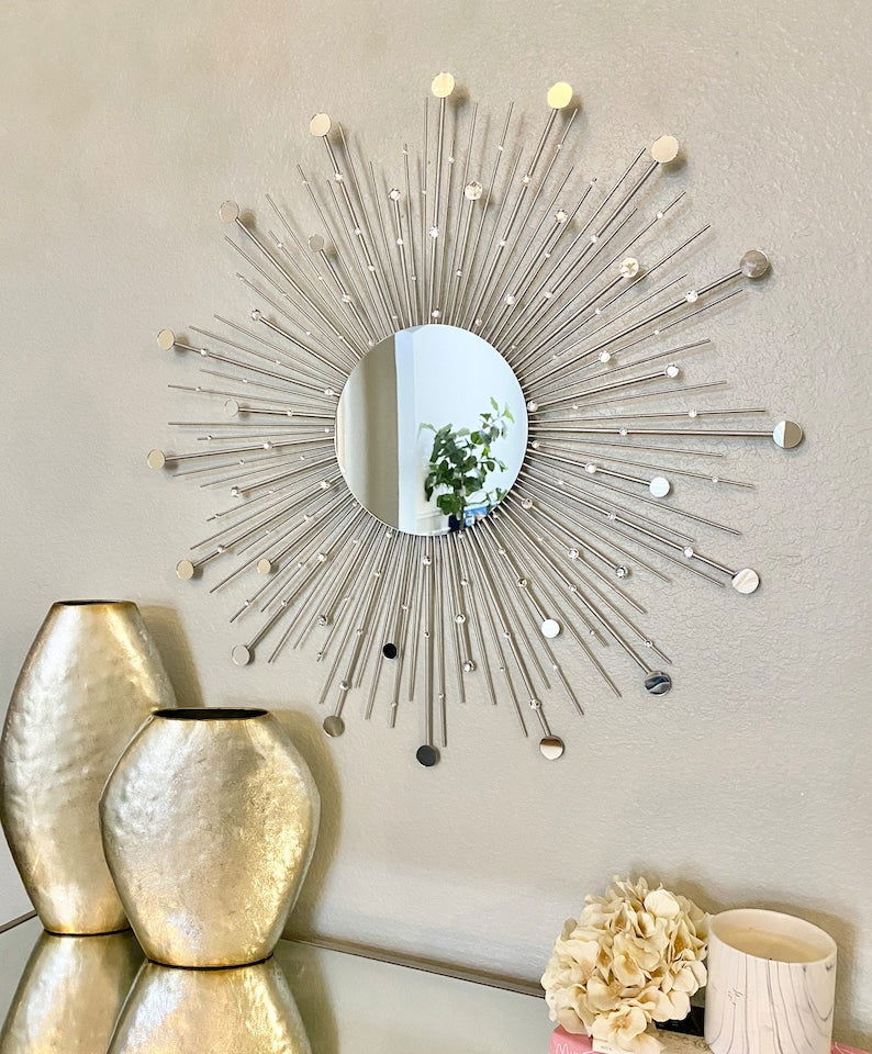 Iron Mirror Wall Mounted Crystal & Golden Round Hanging 24 Inches - ArtyCraftz.com