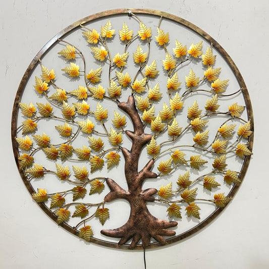 Iron Tree of Life Wall Art with Golden Leaves and Circular Frame-ArtyCraftz.com