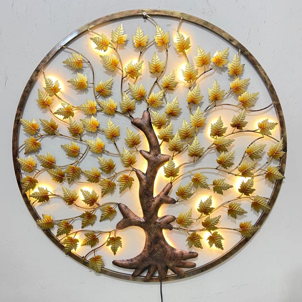 Iron Tree of Life Wall Art with Golden Leaves and Circular Frame-ArtyCraftz.com