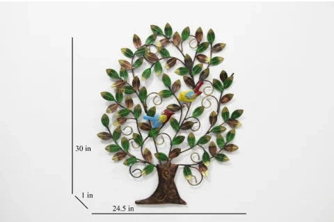 Iron Tree of Life wall art with green leaves and two colourful decorative birds-ArtyCraftz.com