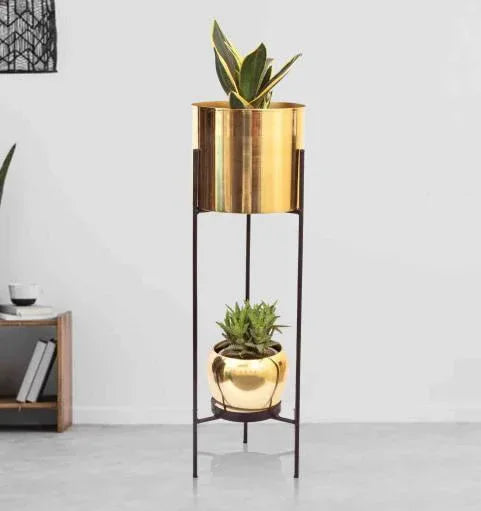 Iron Two Pot Stand with Pot for Indoor and Outdoor Golden Color - ArtyCraftz.com