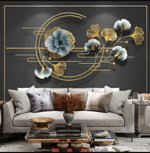 Iron Wall Mounted Golden Line Circle with Grey & Golden Leaves 48 x 24 Inches - ArtyCraftz.com