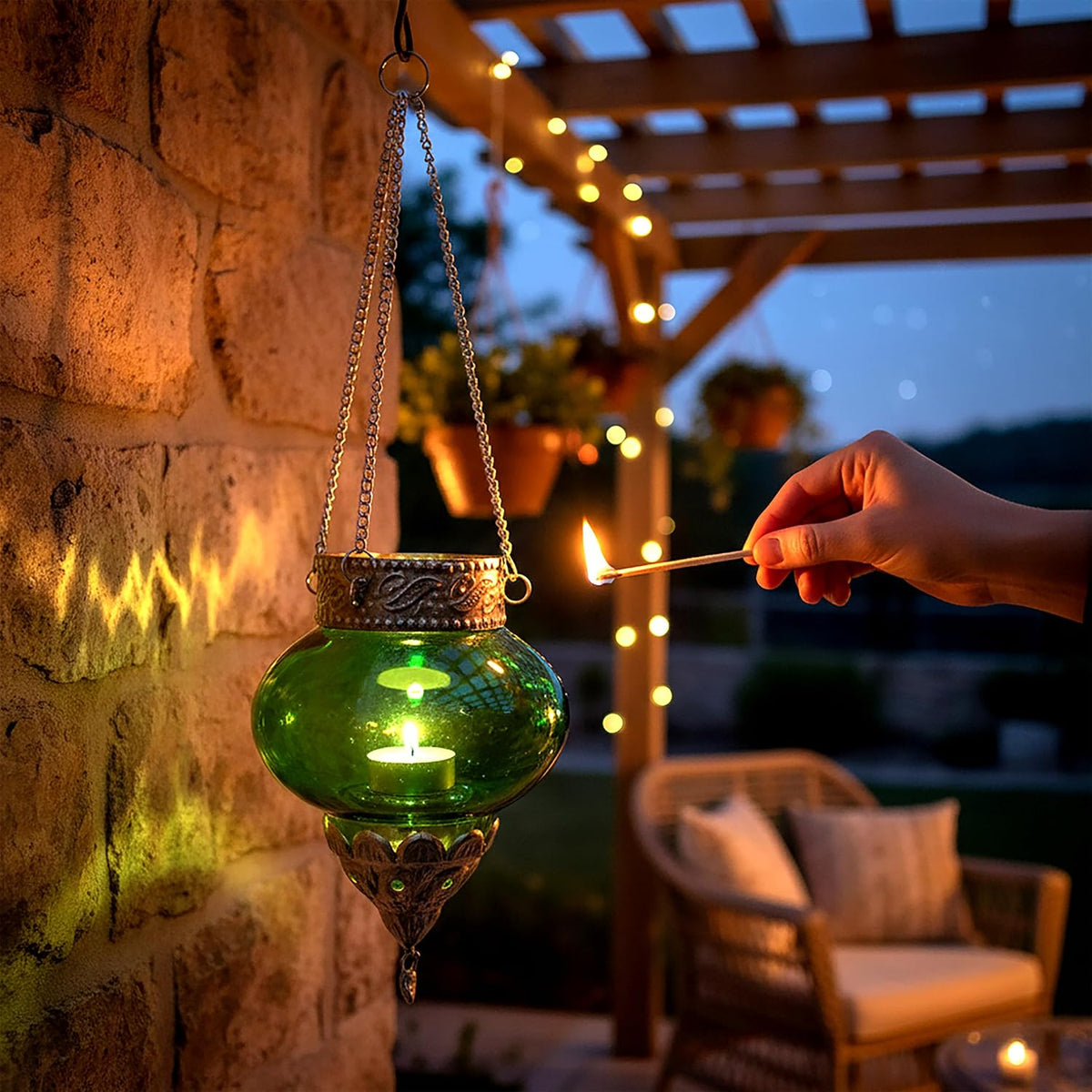 Iron and glass Moroccan hanging candle holder with amber glass-artycraftz.com