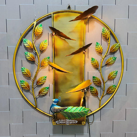Iron wall water fountain with peacock, birds and leaf design-ArtyCraftz.com