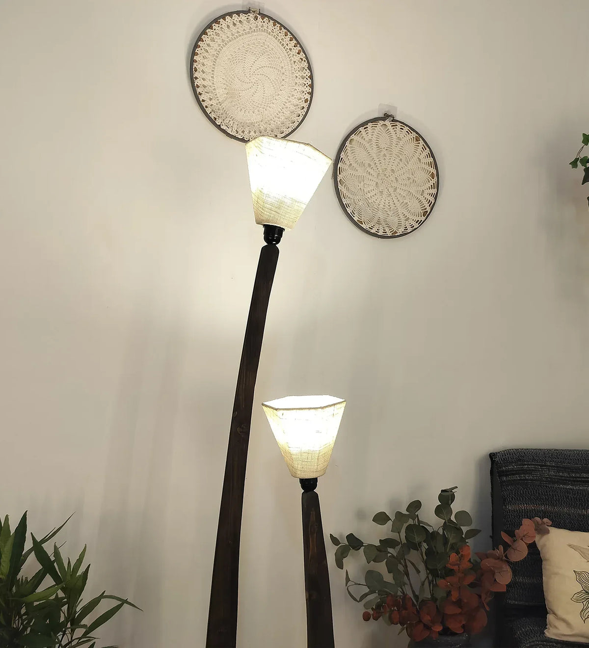 Jasper Wooden Floor Lamp with Brown Base and Beige Fabric Lampshade - ArtyCraftz.com