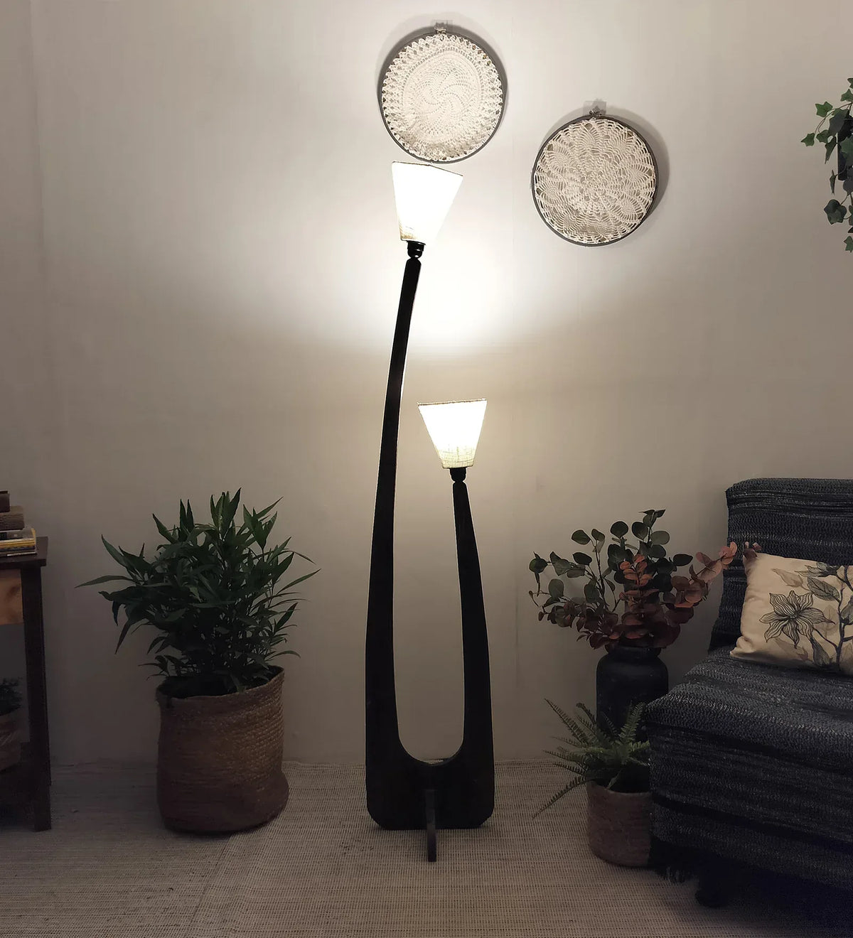 Jasper Wooden Floor Lamp with Brown Base and Beige Fabric Lampshade - ArtyCraftz.com