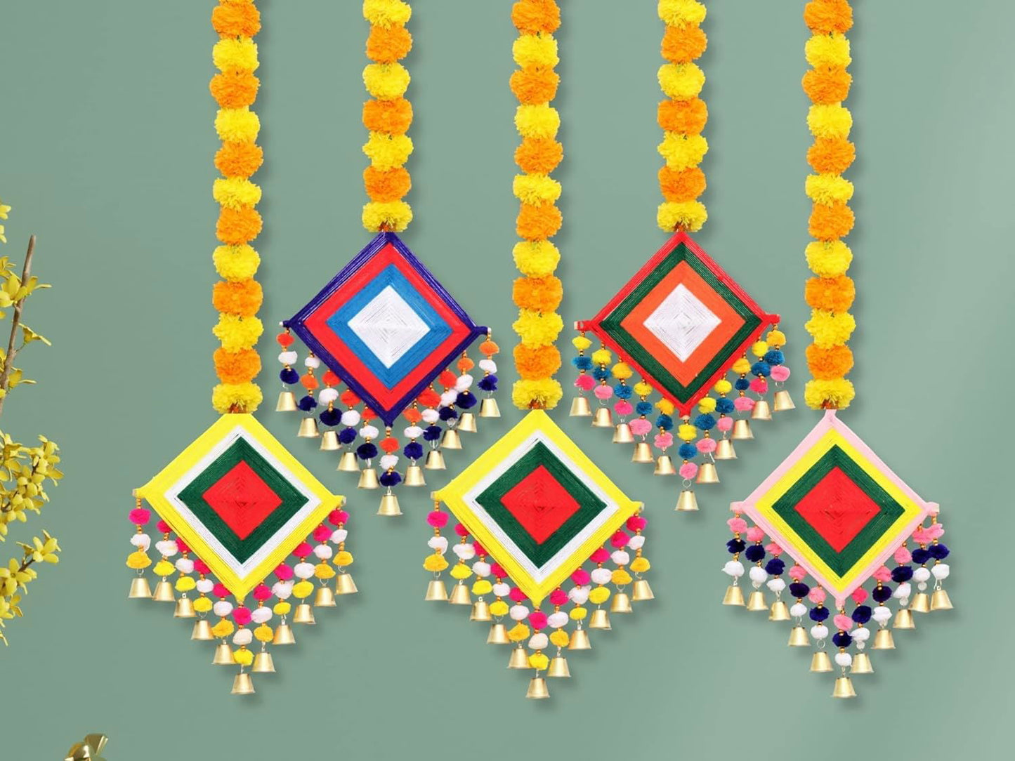 Jeevan Handicrafts Artificial Marigold Fluffy Flowers Colorful Woolen Kite Bells Hanging (44 Inches Height Approx. Pack of 5) - ArtyCraftz.com
