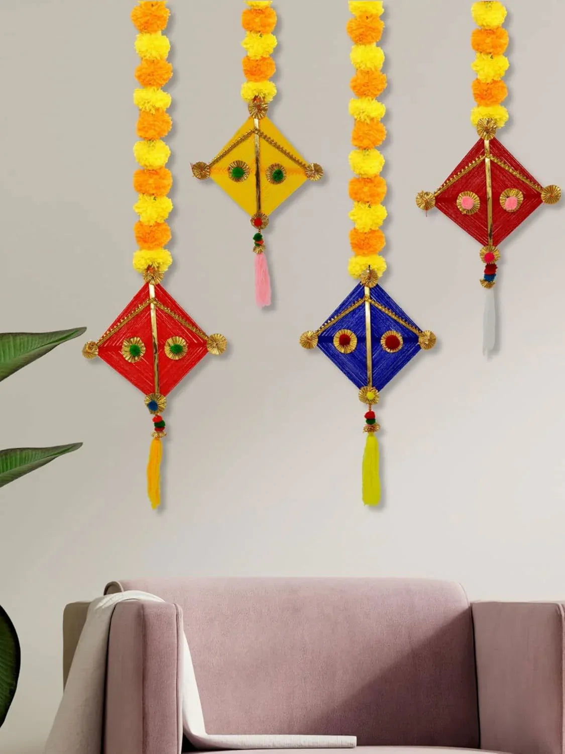 Jeevan Handicrafts Artificial Marigold Fluffy Flowers Colorful Woolen Kite Hangings (39 Inches Height Approx.) (Pack of 4) - ArtyCraftz.com