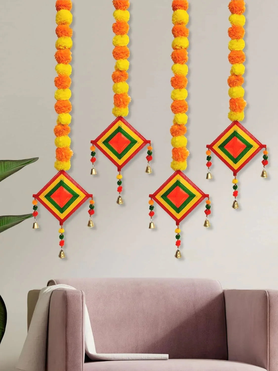 Jeevan Handicrafts Handmade Artificial Marigold Fluffy Flowers Colorful Woolen Kite Hangings (39 Inches Height Approx.) (Pack of 4) - ArtyCraftz.com