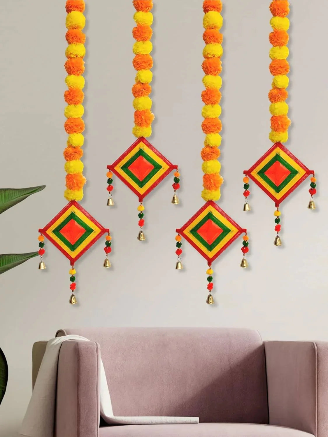 Jeevan Handicrafts Handmade Artificial Marigold Fluffy Flowers Colorful Woolen Kite Hangings (39 Inches Height Approx.) (Pack of 4) - ArtyCraftz.com