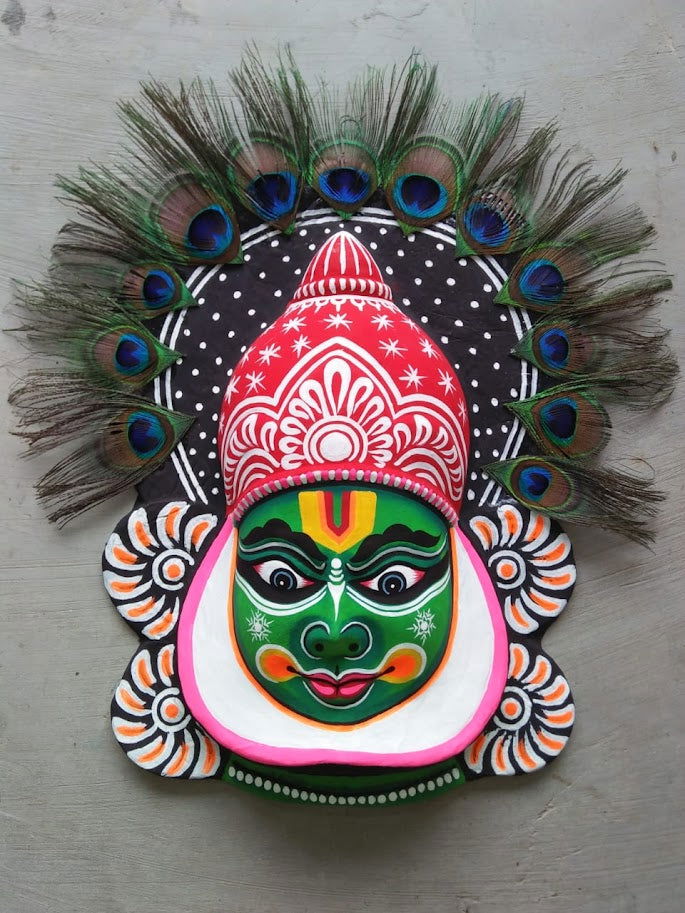 Kathkali with Peacock Feather Chhau Mask Papier Mache Wall Hanging - ArtyCraftz.com