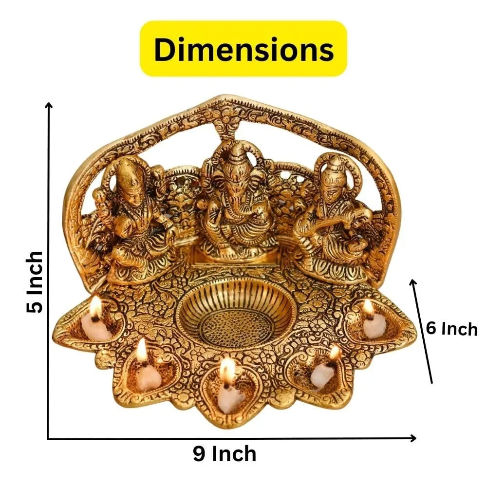 Lakshmi Ganesha Saraswati Idol with 5 Diya – Antique Gold Metal Decor - ArtyCraftz.com