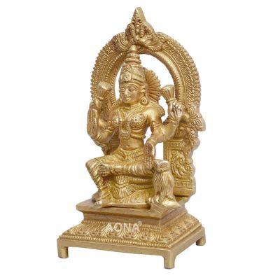 Set of 3 handcrafted 7-inch solid brass Lakshmi, Ganesha and Saraswati idols each with ornate prabhavali arch and engraved footed base — antique gold finish temple trio — ArtyCraftz