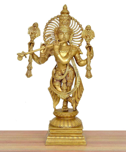 Large Brass Lord Krishna Playing Flute Idol – 24 Inch Venugopala Statue