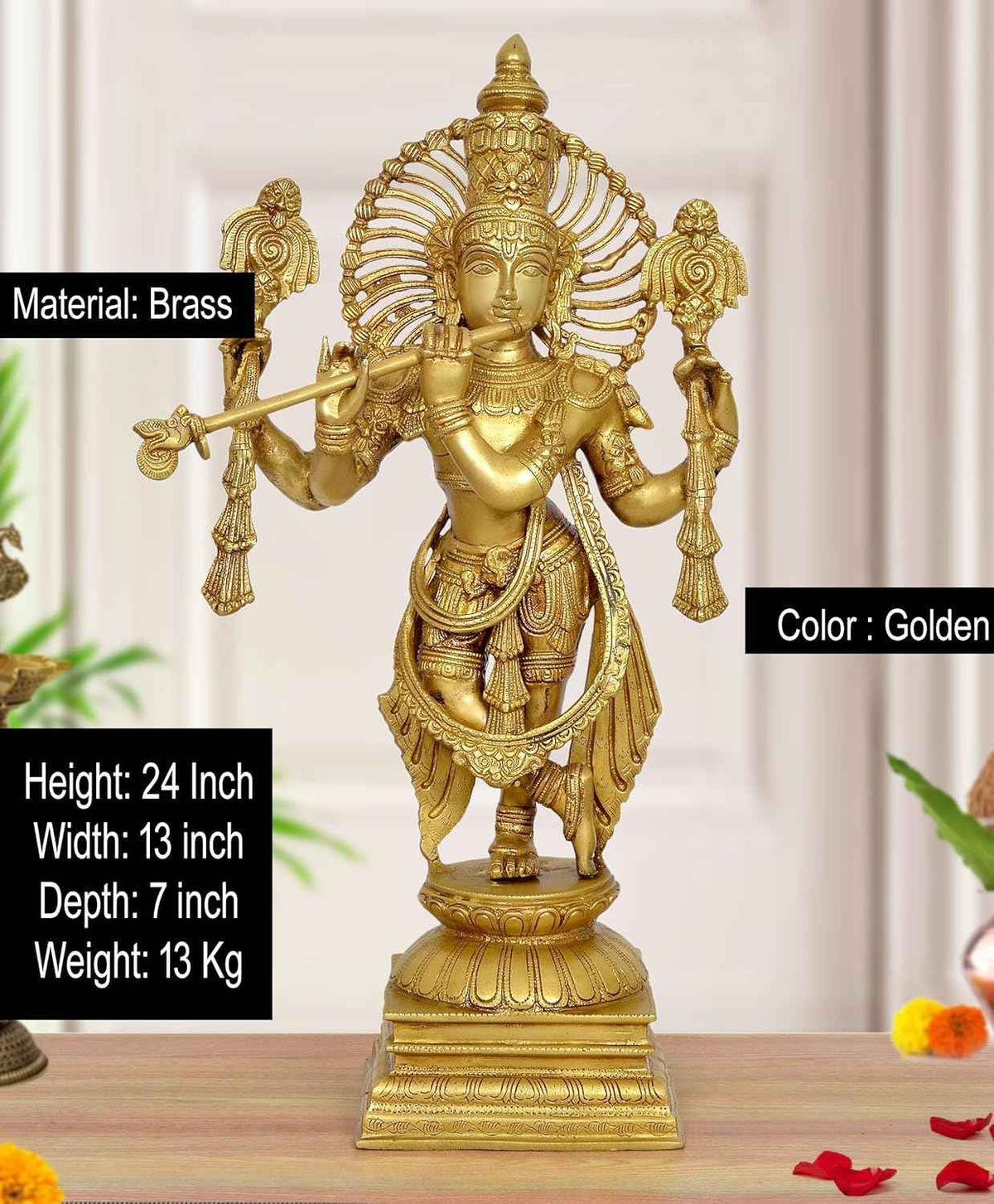 Large Brass Lord Krishna Playing Flute Idol – 24 Inch Venugopala Statue