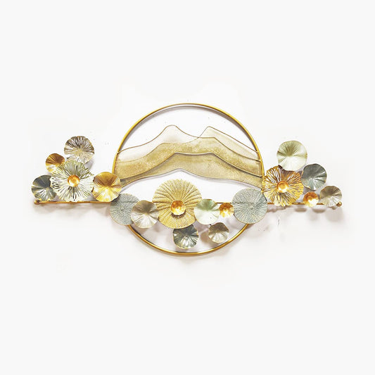 Large floral mountain-inspired metal wall art with gold and silver flowers and circular frame-ArtyCraftz.com